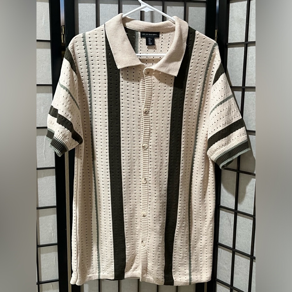 ART OF RHETORIC MENS BUTTON UP Cream & Olive Knit STRIPE Polo SHIRT SIZE L